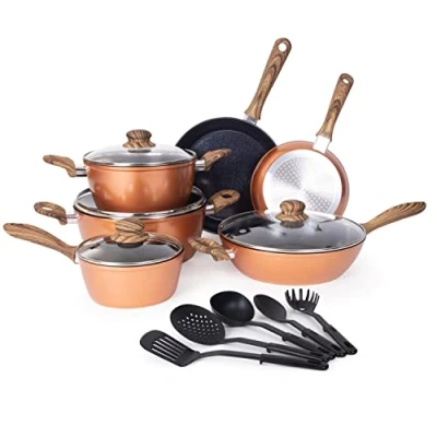 Image of Non Stick Pots and Pans Set Induction Hob 15pcs Kitchen Cookware with Lids Cooking Copper Saucepan by Nuovva