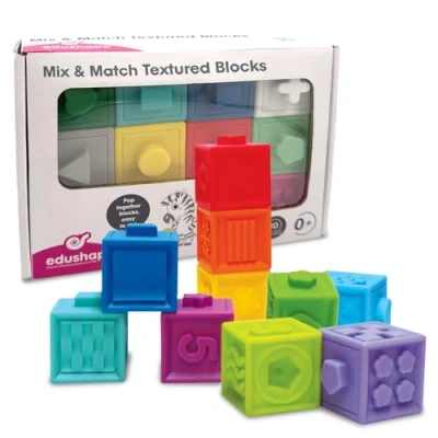 Image of Edushape Textured Pop Blocks. Soft Baby Building Blocks Toys Teethers Toy Educational Squeeze Stacking Play with Numbers Animals Shapes. 6 Months +