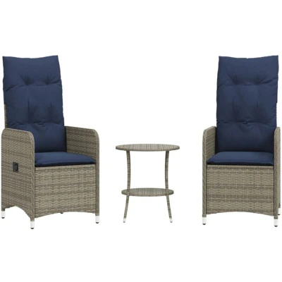 Image of vidaXL Reclining Garden Chairs 2 pcs with Table Grey Poly Rattan