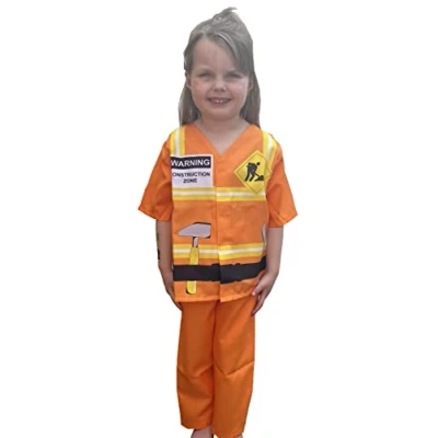 Image of QuickDraw Girls Boys Dress Up Builders Costume Construction Worker Outfit Role Play Kids Party Fancy Ages 3 7 Years (AGE 5 YEARS), Orange