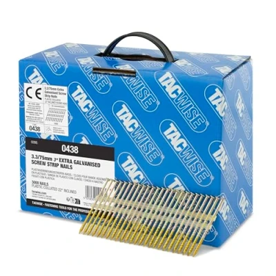 Image of TACWISE 0438 Extra Galvanised Framing Nails 3.3/75 mm, Round Head, Screw Shank, 22 Inclined, Plastic Collated, Pack of 3000, Silver