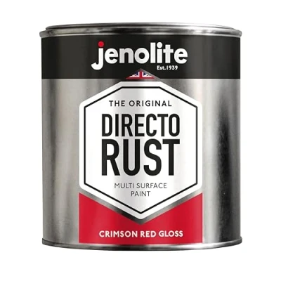 Image of JENOLITE Directorust Crimson Red Gloss Multi Surface Paint For Use On Wood, Metal, Plastic, Ceramic &amp; Rusted Surfaces 1 Litre (RAL 3020)