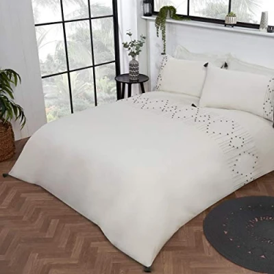 Image of Sleepdown Luxury Boho Embroidered Panel Band Plain White Black Tassels Easy Care Soft Cosy Duvet Cover Quilt Bedding Set with Pillowcases King (220cm x 230cm), Polycotton