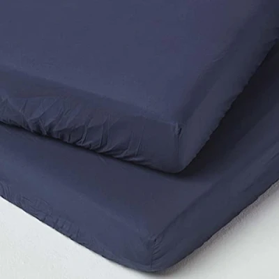 Image of HOMESCAPES Navy Cot Bed Fitted Sheets 70 x 140 cm 2 Pack 100% Egyptian Cotton Percale Soft Hypoallergenic Toddler Sheet Fully Elasticated Skirt Breathable Easy Care 200 TC 400 Thread Count Equiv