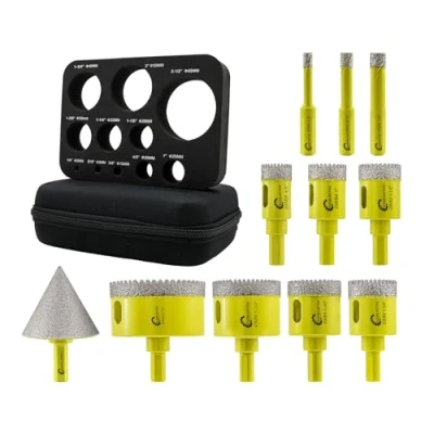 Image of SANLEETEK Diamond Core Drill Bits Set 11pcs 6/8/10/20/25/28/32/35/45/65mm+50mm Beveling Chamfer Bit Serrated Hole Saw Kit with Triangle Shank for Ceramic Tile Porcelain Marble Granite
