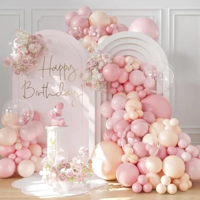 Image of pink Balloon Arch Kit, 113Pcs Pastel Garland with Light Macaron Nude Balloons for Birthday, Baby Shower, Wedding, Bridal Engagement, Gender Reveal Party Decorations