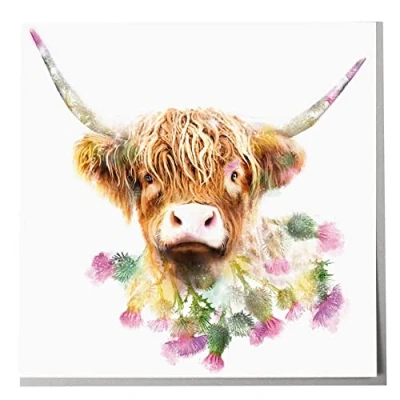 Image of Lola Design Wildlife Botanical Greeting Cards, Highland Cow Suitable for Birthdays, Congratulations or Any Special Occasions Blank Inside with Grey Envelope 150mm x