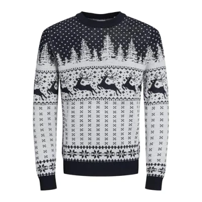 Image of JACK &amp; JONES Men&#039;s Jjxmas Gabriel Knit Crew Neck Jumper, Cloud Dancer/Pattern:w. Navy Blazer, S