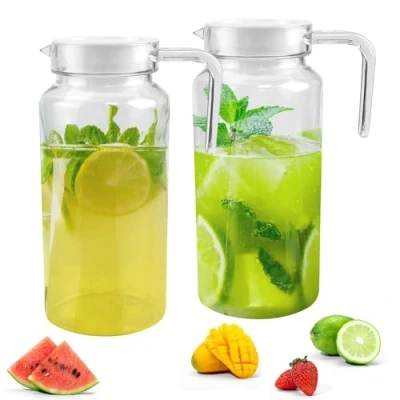 Image of Plastic Pitcher with Lid and Handle, ADERTOS 2 Pack 1.25 Litre Clear Water Unbreakable Beverage Pitchers Transparent Juice Container Fridge Door Jug for Milk Iced Tea Lemonade (BPA Free)