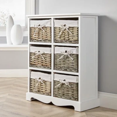 Image of Home Source Wooden Storage Unit 6 Drawer Chest Cabinet, Woven Willow Baskets, White