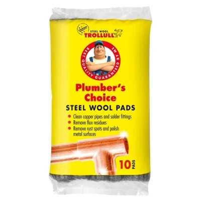 Image of TROLLULL Steel Wool Wire Plumber’s Choice, clean copper pipes and fittings, brass aluminium surfaces, removes surface rust, 10 pads