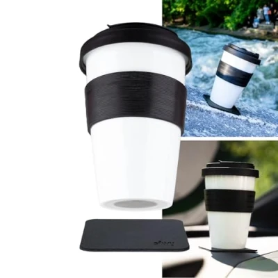 Image of Silwy® Porcelain to GO Cup Including Black Heat Protection Banderole, Metallic Nano Gel Coaster, Black, Non Slip Magnetic for Camping, Caravanning or Boating