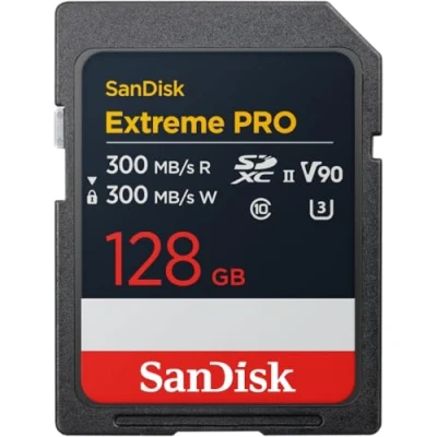 Image of SanDisk Extreme Pro 128GB SDXC UHS II card, up to 300 MB/s read speeds, write V90, level performance enables cinema quality 8K video recording