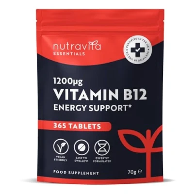 Image of High Strength Vitamin B12 1200mcg Tablets 365 Vegan Methylcobalamin B Contributes to The Reduction of Tiredness and Fatigue VIT Made in UK by Nutravita