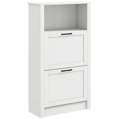 Image of HOMCOM Modern Shoe Cabinet with 2 Flip Drawers and Adjustable Shelves, Narrow Storage Open Compartment, Holds 10 Pairs for Entryway, Hallway, White