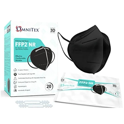 Image of Omnitex FFP2 Black Face Mask Box of 20, Individually Wrapped High Filtration 5 Layers EN149 CE Certified Hypoallergenic Fluid Resistant Adaptable Nose Bridge 5x Extenders
