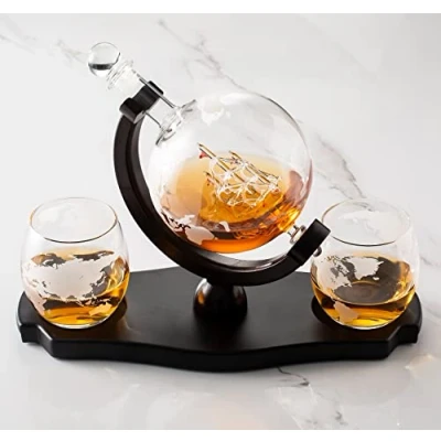 Image of Verolux Whiskey Globe Decanter Set with 2 Etched Glasses in Gift Box Home Bar Accessories for Liquor, Whiskey, Brandy, Gin, Rum, Tequila, Vodka, and Brandy