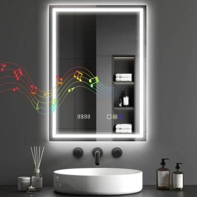 Image of HOMCOM 500 x 700 mm Bluetooth Bathroom Mirror with LED Lights, Illuminated Backlit Wall Mounted Vanity 3 Colours Dimmable, Clock, Demister Pad, Memory Function, Touch Sensor, IP44