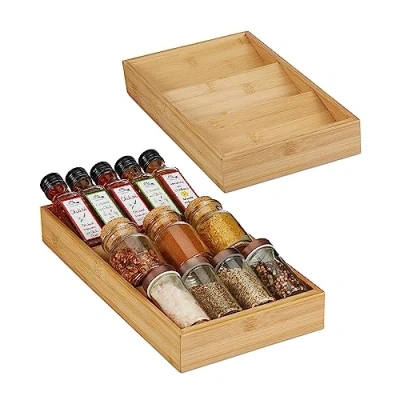 Image of Relaxdays 2X Spice Racks, 3, Slanted Compartments, Horizontal, Bamboo, Drawer Insert, 5x20x38 cm, Natural, 5 x 20 38 cm