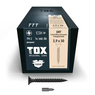 Image of TOX Drywall Screws 3.9 x 30 mm, Magazined for Quick Installation with Magazine Screwdriver, Fine Thread, Plasterboard on Metal Substructure, Pack of 1000 in Box, 142453253930