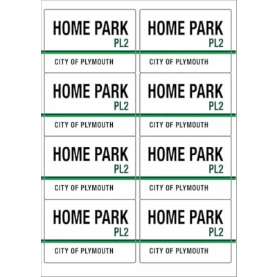 Image of Home Park PL2 City of Plymouth Road Sign Rectangular Matt Paper Stickers A4 Sheet 8 (Each Sticker is 99mm x 68mm)