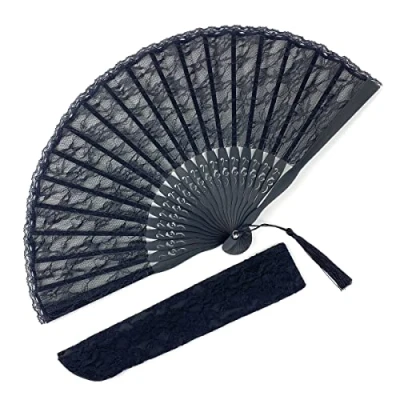Image of Eastern Wind Black lace hand folding fan, handheld foldable rave fan 8.5in