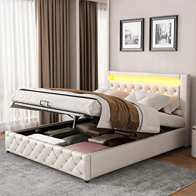 Image of ModernLuxe Upholstered Double Bed 135 * 190, Frames with Slatted Frame and Storage Space, LED Lighting in, Easy Assembly, PU Functional for Adults &amp; Teenagers, White