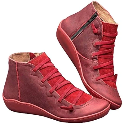 Image of Kinloy Women&#039;s Casual Arch Support Boots Waterproof Ankle Flat Slip On Comfy Booties High Top Side Zipper Shoes Anti Red Size 6.5 UK