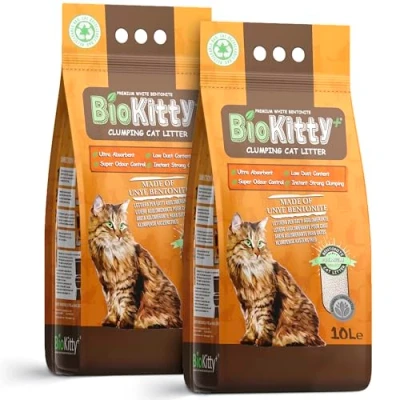 Image of BioKitty clumping cat litter, dust free low tracking, highly absorbent natural mineral bentonite unscented long lasting odour control 2x8.5kg/20L 2 bag (Unscented)