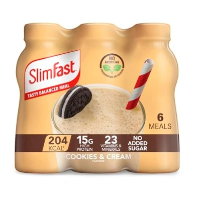 Image of SlimFast Ready To Drink Shake, Meal Replacement Shakes for Weight Loss and Balanced Diet, High Protein, Vitamins, Minerals, No Added Sugar, Cookies Cream, Multipack, 6 x 325 ml, Packaging May Vary