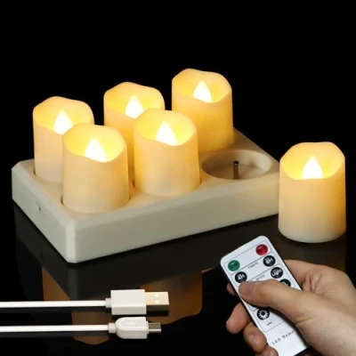 Image of FREEPOWER 6pcs LED Rechargeable Tea Lights with Charging Station, Electric Candles USB Remote Control Timer Flickering Dimmable Warm White, Diameter 4 x 4.5cm