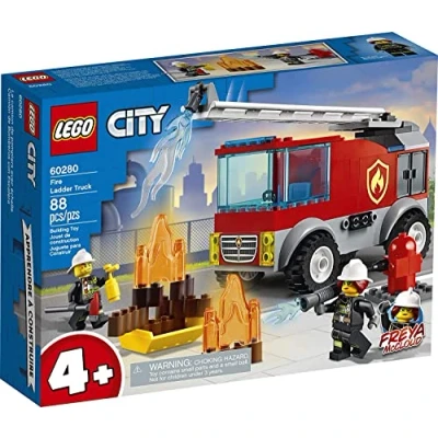 Image of LEGO City Fire Ladder Truck 60280 Building Kit; Fun Firefighter Toy Set for Kids, New 2021 (88 Pieces)