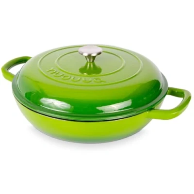 Image of Shallow Cast Iron Casserole with Lid Non Stick Dutch Oven Pot, Safe up to 500 F Sturdy Ovenproof Stockpot Cookware Enamelled Cooking Pot Green, 5 Quart, 32cm by Nuovva