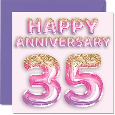 Image of Pretty Coral Anniversary Card for Wife Girlfriend Husband Boyfriend Pink Purple Glitter Balloon Happy 35th Cards from Family, 145mm x Greeting Thirty Fifth Anniversaries
