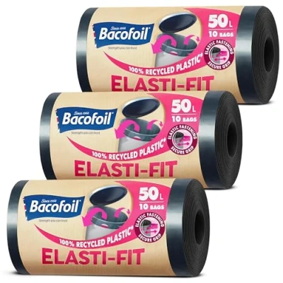 Image of Bacofoil Elasti Fit Bin Liners with Drawstring Handles 50L Leak Proof Bag Elastic Fastening for a Secure (3 Rolls, 30 Bags)…