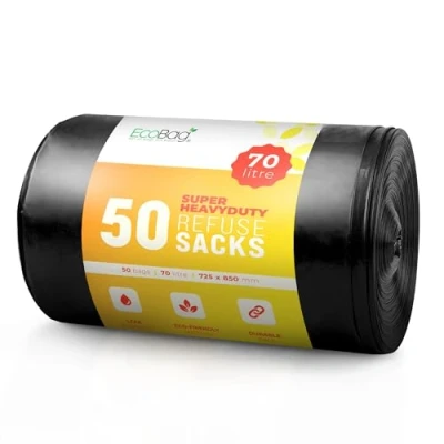 Image of EcoBag 50 Pack Heavy Duty Bin Bags 100L 35 Microns Recyclable,Leak Resistant Seal, Eco Friendly Rubbish Bag, Sustainable Refuse Sack for Home, Office &amp; Kitchen (736 x 990 mm)