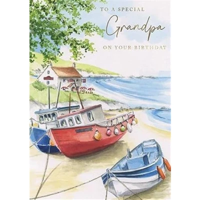 Image of Special Grandpa Birthday Card Moored Fishing Boats and Cove with a Foil Finish Eco Friendly Recyclable by Paper House