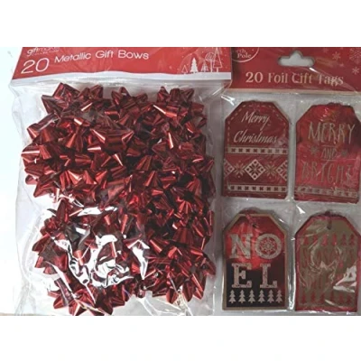 Image of 20 Red Metallic Bows &amp; Foil Tags Gift Wrapping Christmas