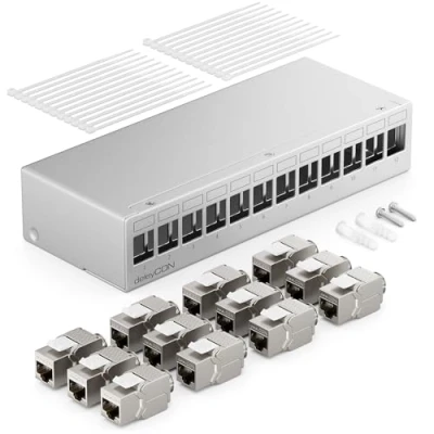 Image of deleyCON 12 Port Patch Panel Set Field Distribution 1HE + 4x RJ45 Keystone Jack Modules STP CAT6a Compatible with CAT5 CAT6 CAT7 Installation Cable Network Ethernet LAN DSL Grey