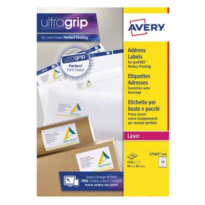 Image of Avery Printable, Customisable Address Mailing Labels, Laser Printers, 14 Labels Per A4 Sheet, 3500 Quickpeel (L7163) White, 250 Sheets
