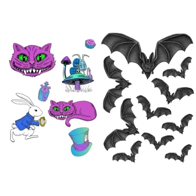 Image of Cats and Bats Halloween Tattoos Alice in Wonderland Style Gothic Fancy Dress Temporary