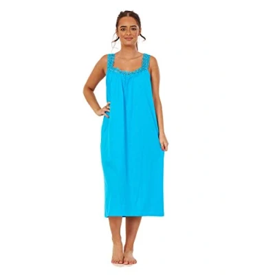 Image of Apparel Ladies Plain Nightdress 100% Cotton V Neck lace Strap Long Nightwear M to 3XL Turquoise