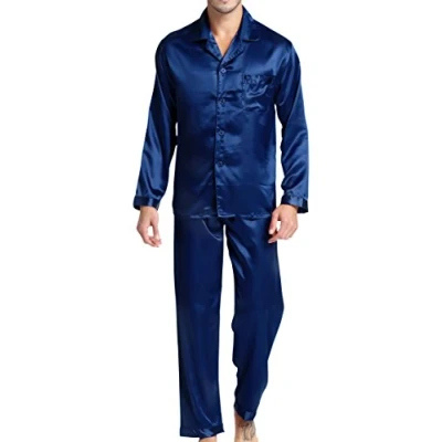 Image of Men’s Sleepwear Satin Pyjama Set Nightwear Loungewear (Navy Blue, Large)