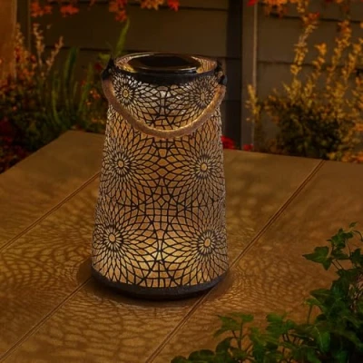 Image of Garden Mile Turkish Style Solar Lantern with Bright White LEDs, Silhouette Effect Lamp Casting Shadows, Beautiful Lighting for Outdoor Patio, Gardens, Conservatories (Muscat XL 29cm x 18cm)