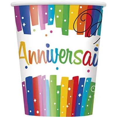 Image of Unique Party 56906 9oz Rainbow Ribbons Joyeux Anniversaire Paper Cups, Pack of 8