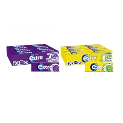 Image of Extra Chewing Gum 2 Cases with 30 Packs of 10 Pieces (600 Total) Blueberry and Apple