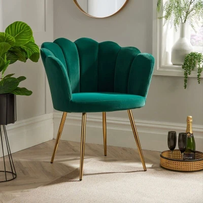 Image of Home Source Velvet Scallop Shell Chair Wing Back Armchair Occasional Sofa, Green, Gold Legs