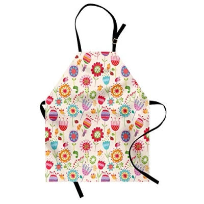 Image of ABAKUHAUS Floral Apron, Ladybug Strawberry Bird, Unisex Kitchen Bib Apron with Adjustable Neck for Cooking Baking Gardening, Fuschia Pink