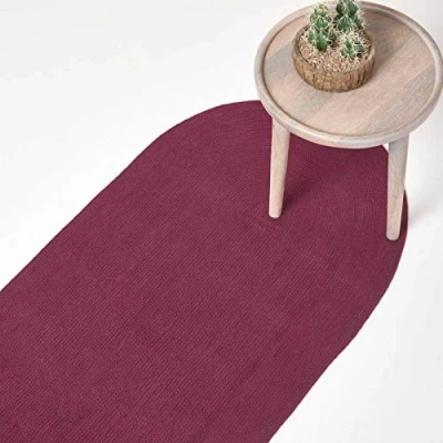 Image of HOMESCAPES Plum Handmade Braided Oval Hallway Runner &amp; Living Room Dark Purple Woven Cotton Large Rug, 66 x 200 cm
