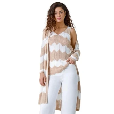 Image of Roman Womens Chevron Stripe Shimmer Longline Cardigan Beige Size 10 UK